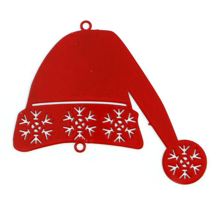 Picture of Brass Filigree Stamping Connectors Christmas Hats Red Snowflake Painted 5.2cm x 4.5cm, 5 PCs