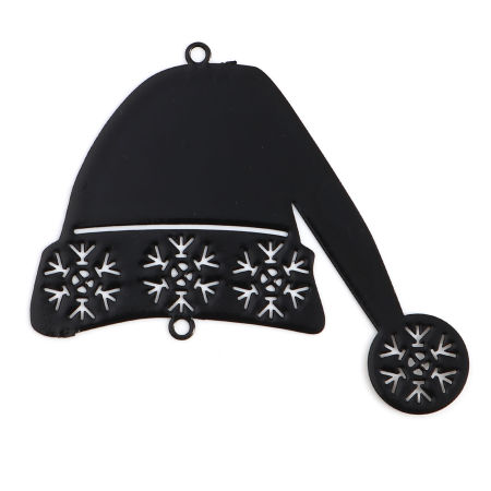 Picture of Brass Filigree Stamping Connectors Christmas Hats Black Snowflake Painted 5.2cm x 4.5cm, 5 PCs