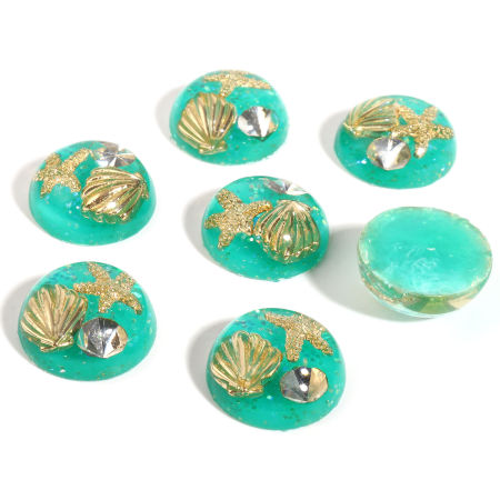 Picture of Resin Ocean Jewelry Embellishments Round Green Starfish Pattern Sequins Clear Rhinestone 18mm Dia., 2 PCs