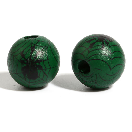 Picture of Natural Wood Spacer Beads Round Dark Green Halloween Spider About 16mm Dia., Hole: Approx 4.5mm - 3.6mm, 20 PCs