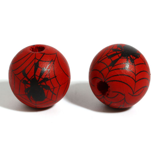Picture of Natural Wood Spacer Beads Round Dark Red Halloween Spider About 16mm Dia., Hole: Approx 4.5mm - 3.6mm, 20 PCs