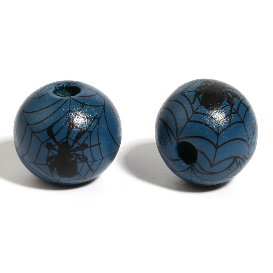 Picture of Natural Wood Spacer Beads Round Dark Lake Blue Halloween Spider About 16mm Dia., Hole: Approx 4.5mm - 3.6mm, 20 PCs