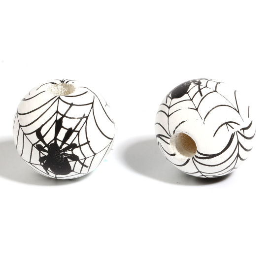 Picture of Natural Wood Spacer Beads Round Black & White Halloween Spider About 16mm Dia., Hole: Approx 4.5mm - 3.6mm, 20 PCs