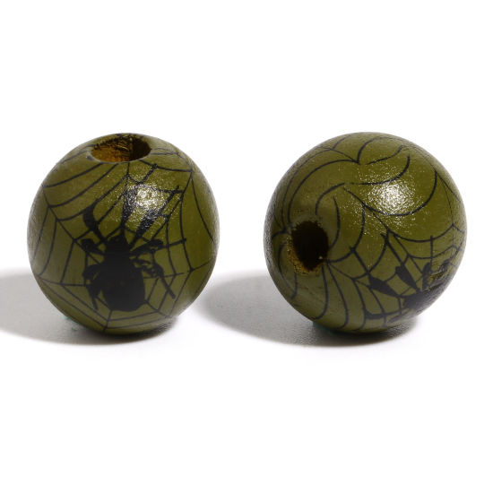 Picture of Natural Wood Spacer Beads Round Army Green Halloween Spider About 16mm Dia., Hole: Approx 4.5mm - 3.6mm, 20 PCs