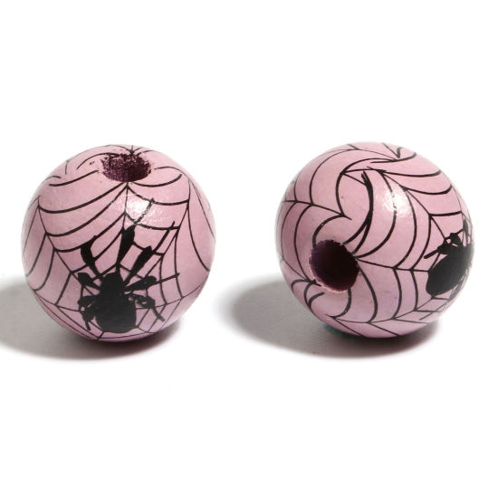 Picture of Natural Wood Spacer Beads Round Black & Purple Halloween Spider About 16mm Dia., Hole: Approx 4.5mm - 3.6mm, 20 PCs