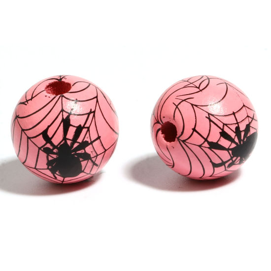 Picture of Natural Wood Spacer Beads Round Black & Pink Halloween Spider About 16mm Dia., Hole: Approx 4.5mm - 3.6mm, 20 PCs
