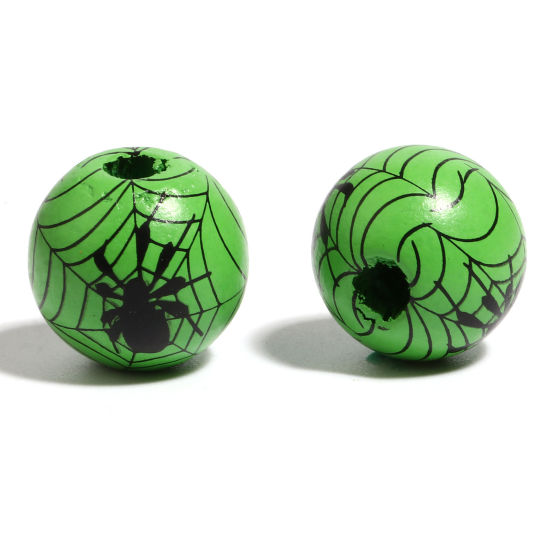 Picture of Natural Wood Spacer Beads Round Black & Green Halloween Spider About 16mm Dia., Hole: Approx 4.5mm - 3.6mm, 20 PCs