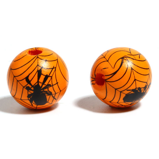 Picture of Natural Wood Spacer Beads Round Black & Orange Halloween Spider About 16mm Dia., Hole: Approx 4.5mm - 3.6mm, 20 PCs