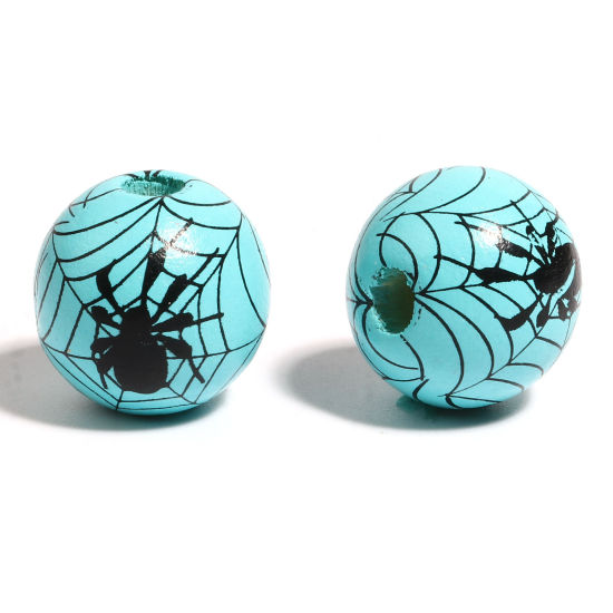 Picture of Natural Wood Spacer Beads Round Light Blue Halloween Spider About 16mm Dia., Hole: Approx 4.5mm - 3.6mm, 20 PCs