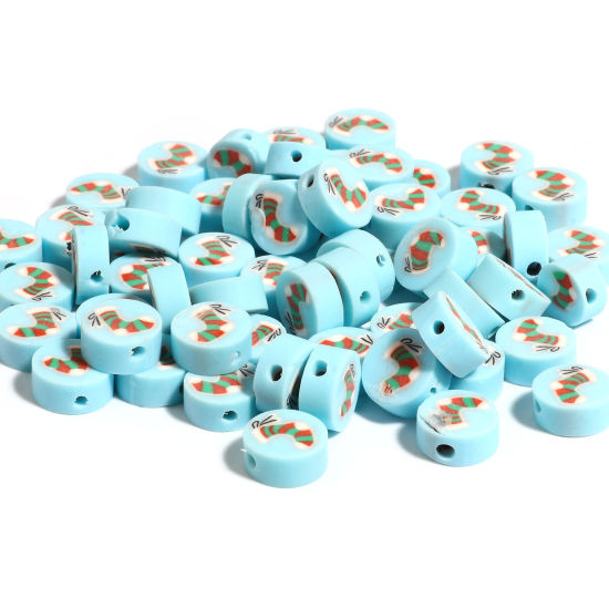 Bild von Polymer Ton Perlen Flachrund Blau, mit Weihnachten Weihnachtssocke Muster, 10mm D., Loch: 2mm, 50 Stück