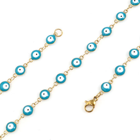 Picture of 1 Piece Vacuum Plating 304 Stainless Steel Religious Necklace For DIY Jewelry Making Round Evil Eye Gold Plated Lake Blue Enamel 50cm(19 5/8") long