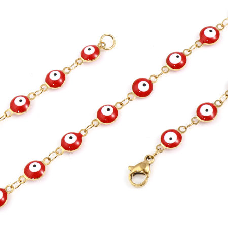 Picture of 1 Piece Vacuum Plating 304 Stainless Steel Religious Necklace For DIY Jewelry Making Round Evil Eye Gold Plated White & Red Enamel 50cm(19 5/8") long