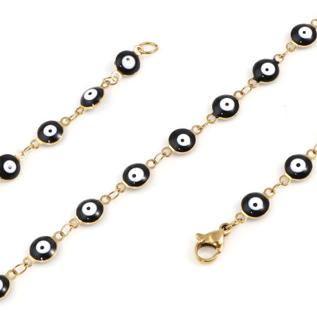 Image de 1 Pièce Colliers Religieux en 304 Acier Inoxydable Placage sous Vide Rond Œil Mauvais Doré Noir & Blanc Émail 50cm long
