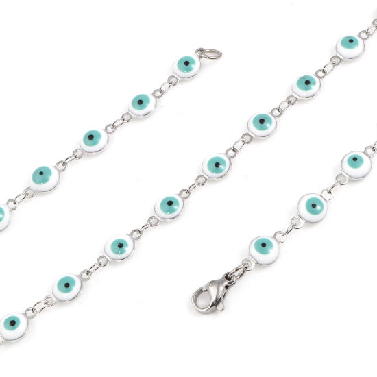 Imagen de 304 Acero Inoxidable Religión Collares Ronda Mal de ojo Tono de Plata Blanco & Verde Esmalte 50cm longitud, 1 Unidad