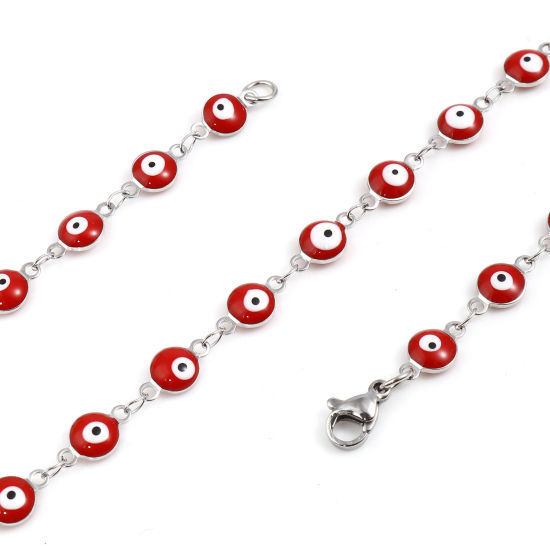 Imagen de 304 Acero Inoxidable Religión Collares Ronda Mal de ojo Tono de Plata Blanco & Rojo Esmalte 50cm longitud, 1 Unidad