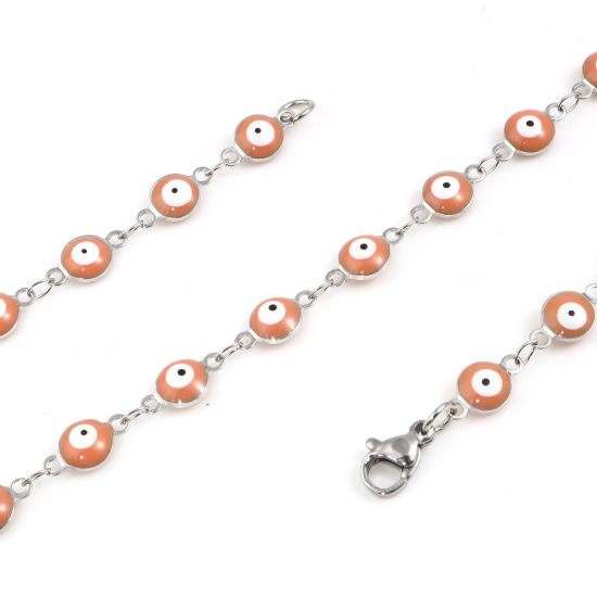Imagen de 304 Acero Inoxidable Religión Collares Ronda Mal de ojo Tono de Plata Naranja Rosa Esmalte 50cm longitud, 1 Unidad