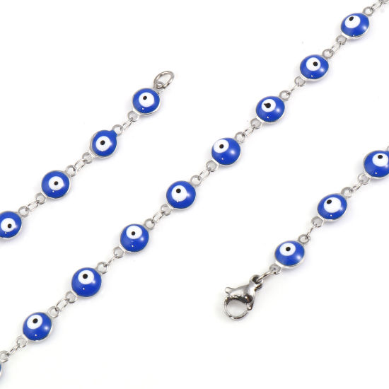 Imagen de 304 Acero Inoxidable Religión Collares Ronda Mal de ojo Tono de Plata Blanco & Azul Esmalte 50cm longitud, 1 Unidad