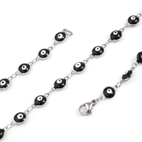 Imagen de 304 Acero Inoxidable Religión Collares Ronda Mal de ojo Tono de Plata Negro & Blanco Esmalte 50cm longitud, 1 Unidad