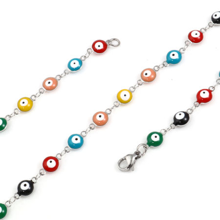 Picture of 304 Stainless Steel Religious Necklace For DIY Jewelry Making Round Evil Eye Silver Tone Multicolor Enamel 50cm(19 5/8") long, 1 Piece