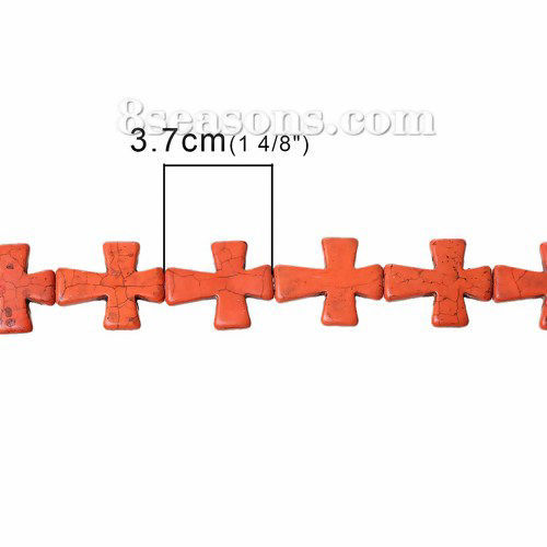 Bild von Türkis Locker Perlen Kreuz Orange Spalte  Muster ca. 37mm x 31mm, Loch: 1.6mm, 40.4cm lang/Strang, 1 Strang (ca. 11 Stk./Strang)