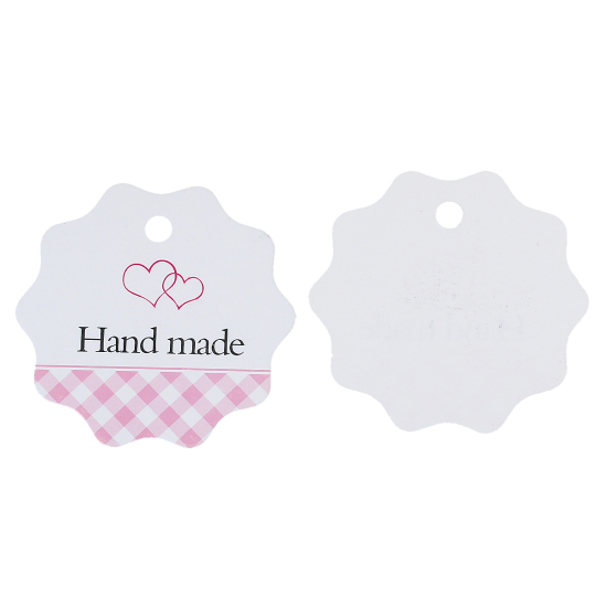 Picture of Paper Label Tags Pink Heart Grid Message " Hand Made " 58mm(2 2/8") x 56mm(2 2/8"), 50 Sheets