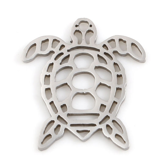 Picture of Stainless Steel Ocean Jewelry Charms Sea Turtle Animal Silver Tone Hollow 15mm x 14mm, 5 PCs