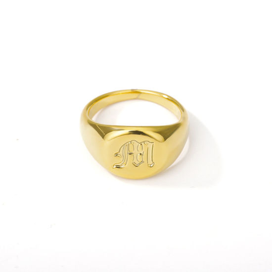 Picture of Brass Unadjustable Rings Gold Plated Round Initial Alphabet/ Capital Letter Message " M " 17.3mm(US Size 7), 1 Piece                                                                                                                                          