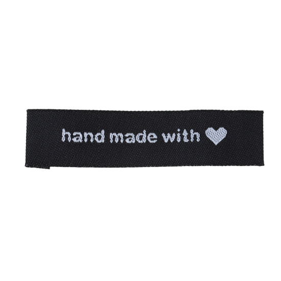 Picture of Terylene Woven Printed Labels DIY Scrapbooking Craft Rectangle Black Heart Pattern " hand made with love " 60mm(2 3/8") x 15mm( 5/8"), 50 PCs