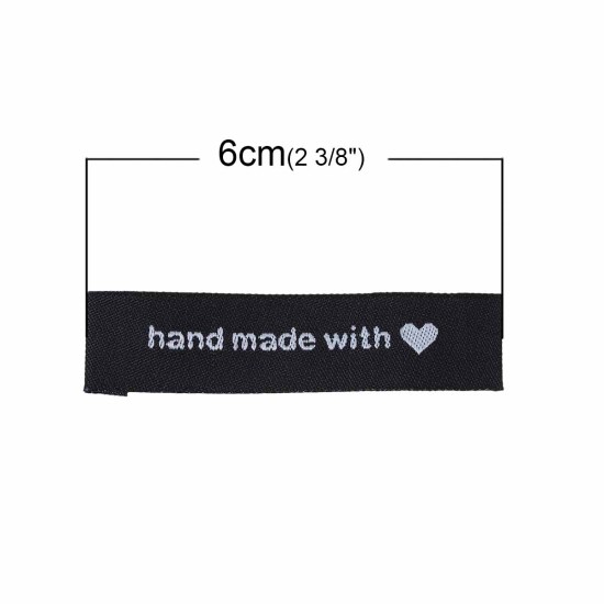 Picture of Terylene Woven Printed Labels DIY Scrapbooking Craft Rectangle Black Heart Pattern " hand made with love " 60mm(2 3/8") x 15mm( 5/8"), 50 PCs