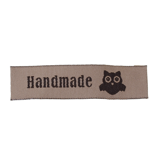 Picture of Terylene Woven Printed Labels DIY Scrapbooking Craft Rectangle Light Coffee Owl Pattern " Handmade " 60mm(2 3/8") x 15mm( 5/8"), 50 PCs