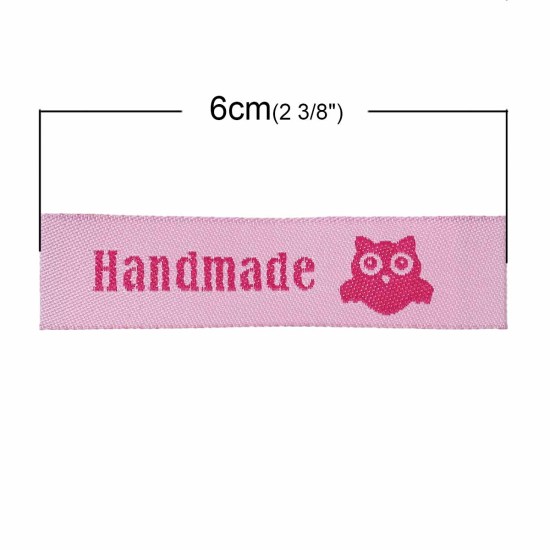 Picture of Terylene Woven Printed Labels DIY Scrapbooking Craft Rectangle Pink Owl Pattern " Handmade " 60mm(2 3/8") x 15mm( 5/8"), 50 PCs