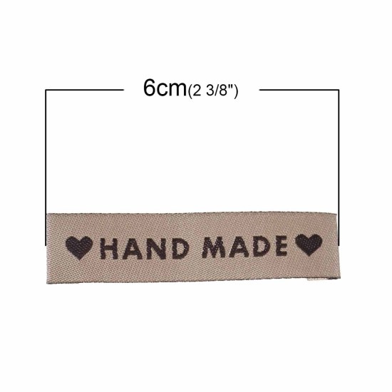 Picture of Terylene Woven Printed Labels DIY Scrapbooking Craft Rectangle Light Coffee Heart Pattern " Hand Made " 60mm(2 3/8") x 15mm( 5/8"), 50 PCs
