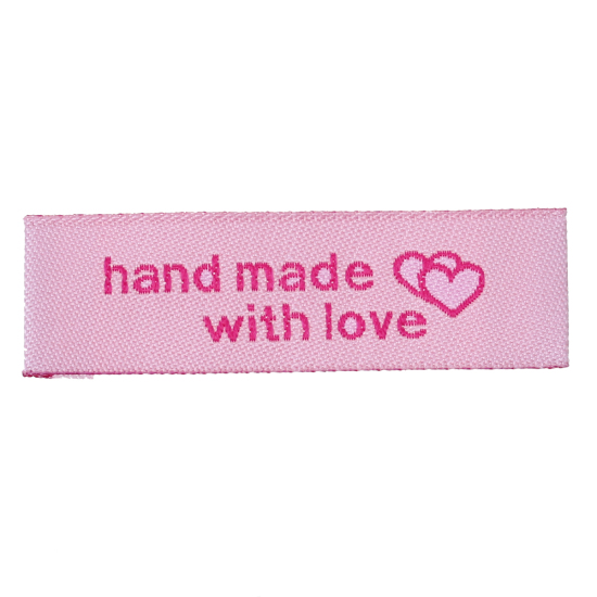 Bild von Terylen Gewebtes Etikett DIY Scrapbooking Handwerk Rechteck Rosa Herz Muster " Hand Made With Love " 50mm x 15mm, 50 Stücke