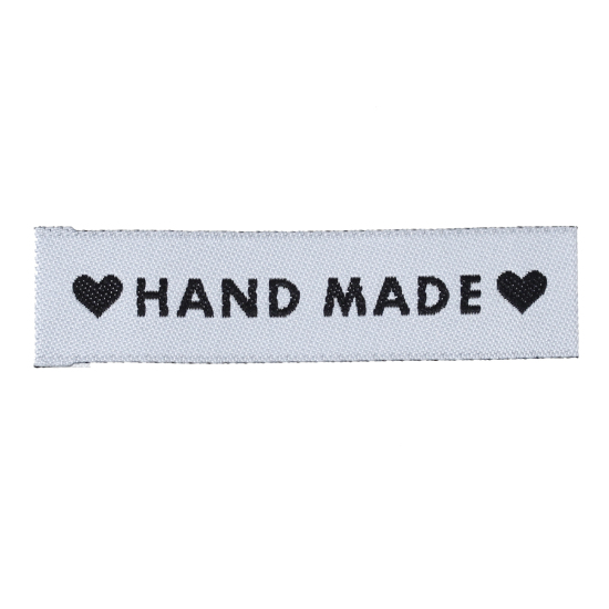 Picture of Terylene Woven Printed Labels DIY Scrapbooking Craft Rectangle Grayish White Heart Pattern " Hand Made " 60mm(2 3/8") x 15mm( 5/8"), 50 PCs