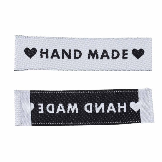Picture of Terylene Woven Printed Labels DIY Scrapbooking Craft Rectangle Grayish White Heart Pattern " Hand Made " 60mm(2 3/8") x 15mm( 5/8"), 50 PCs