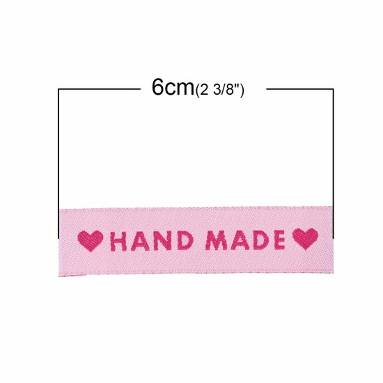 Picture of Terylene Woven Printed Labels DIY Scrapbooking Craft Rectangle Pink Heart Pattern " Hand Made " 60mm(2 3/8") x 15mm( 5/8"), 50 PCs