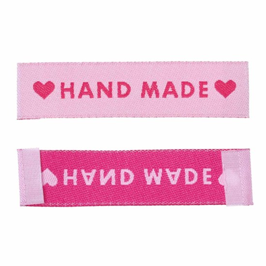 Picture of Terylene Woven Printed Labels DIY Scrapbooking Craft Rectangle Pink Heart Pattern " Hand Made " 60mm(2 3/8") x 15mm( 5/8"), 50 PCs