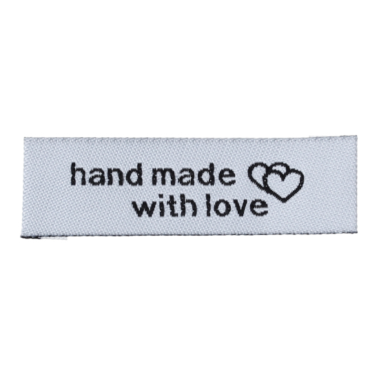Bild von Terylen Gewebtes Etikett DIY Scrapbooking Handwerk Rechteck Grauweiß Herz Muster " Hand Made With Love " 50mm x 15mm, 50 Stücke