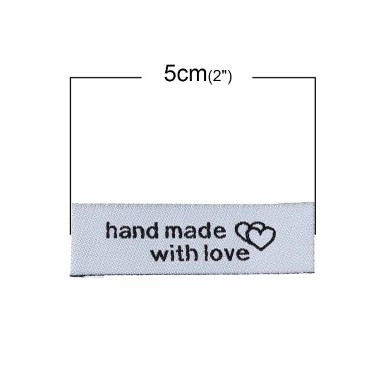 Picture of Terylene Woven Printed Labels DIY Scrapbooking Craft Rectangle Grayish White Heart Pattern " hand made with love " 50mm(2") x 15mm( 5/8"), 50 PCs