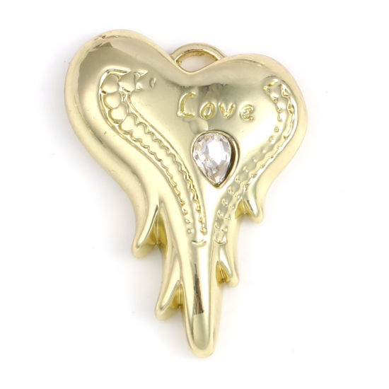 Immagine di Lega di Zinco San Valentino Charms Cuore Oro Placcato Ali Lettere " LOVE " Trasparente Strass 24mm x 19mm , 5 Pz