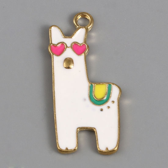 Immagine di Lega di Zinco Charms Alpaca Animale Oro Placcato Bianco Sporco Smalto 27mm x 12mm , 10 Pz