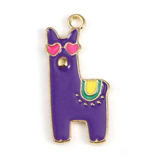 Immagine di Lega di Zinco Charms Alpaca Animale Oro Placcato Colore Viola Smalto 27mm x 12mm , 10 Pz