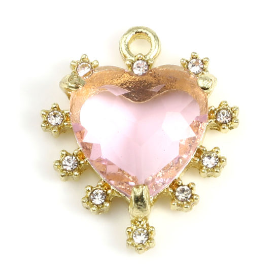 Immagine di Lega di Zinco + Vetro San Valentino Charms Cuore Oro Placcato Rosa Chiaro Trasparente Strass 21mm x 17mm , 5 Pz