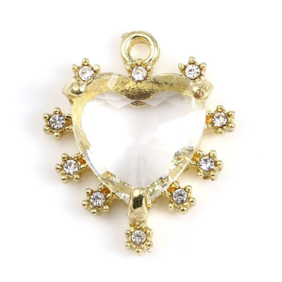 Immagine di Lega di Zinco + Vetro San Valentino Charms Cuore Oro Placcato Bianco Trasparente Strass 21mm x 17mm , 5 Pz