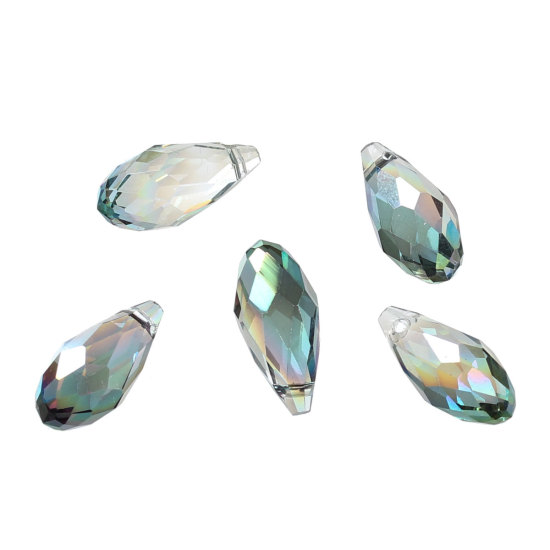 Bild von Kristallglas Perlen Tropfen Fuchsig & Grün AB Farbe Transparent Facettiert ca. 17mm x 8mm, Loch: 1mm, 20 Stücke