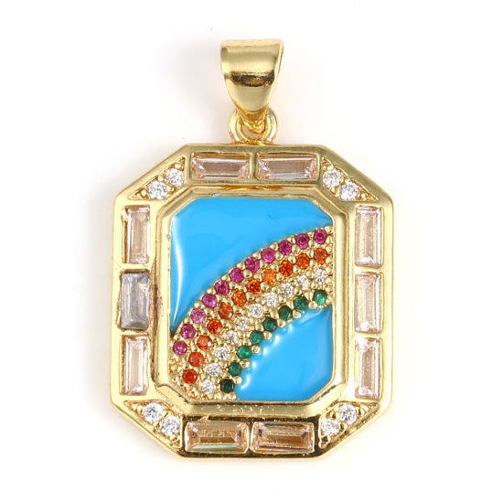 Image de 1 Pièce Pendentif Breloque Collection de Météo en Laiton Doré Bleu Polygone Émail à Strass Coloré à Zircone Cubique Clair 28mm x 18mm