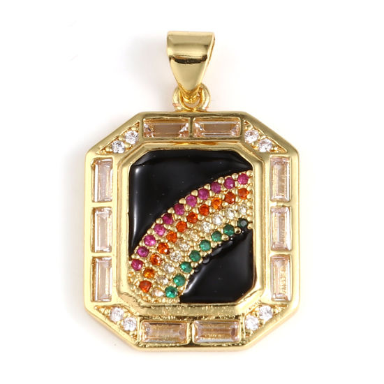 Image de 1 Pièce Pendentif Breloque Collection de Météo en Laiton Doré Noir Polygone Émail à Strass Coloré à Zircone Cubique Clair 28mm x 18mm