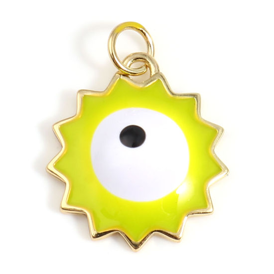 Image de Breloques Religieux en Laiton Soleil Doré Citron Œil Mauvais Émail 22mm x 17mm, 1 Pièce