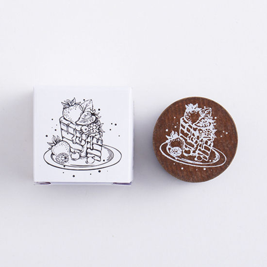 Picture of Wood & Rubber Seal Stamper Round Brown Cake Pattern 3cm x 2.5cm, 1 Box