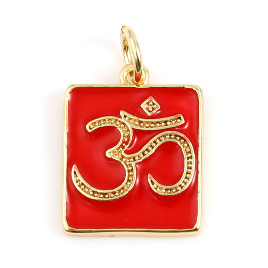 Bild von Messing Religiös Charms Rechteck 18K Vergoldet Rot OM Symbol Emaille 18mm x 12mm, 2 Stück